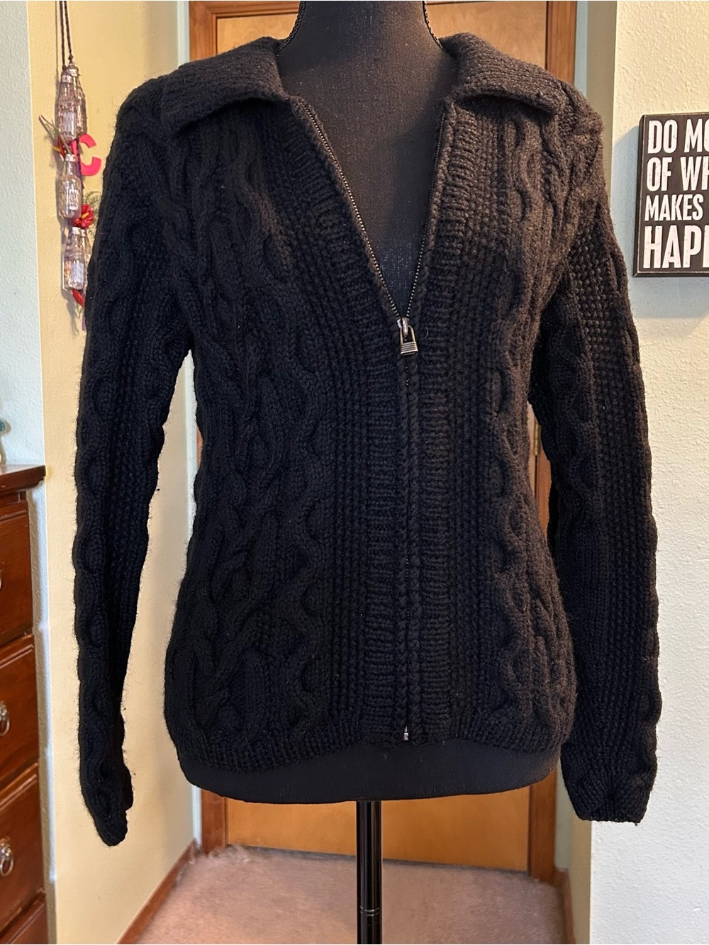 Preview International vintage wool heavy cable knit zip up cardigan sweater S